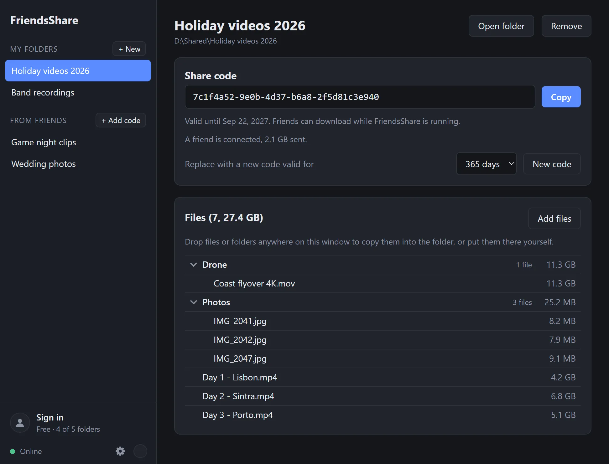 FriendsShare window: a shared folder with its share code and a list of videos and photos