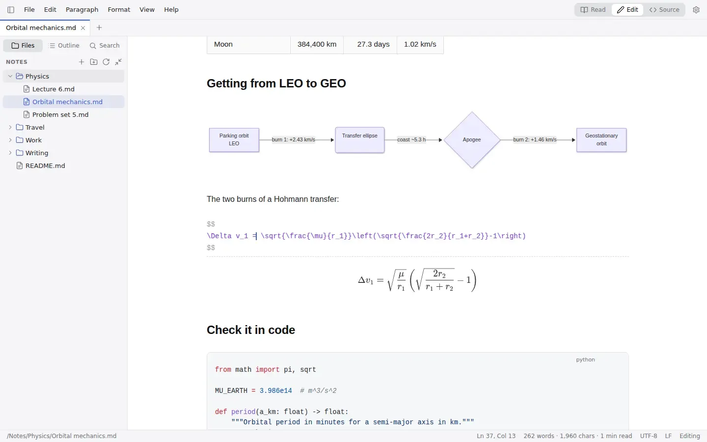 MarkItDown editing a physics note: a rendered diagram, a formula under the cursor and a code block